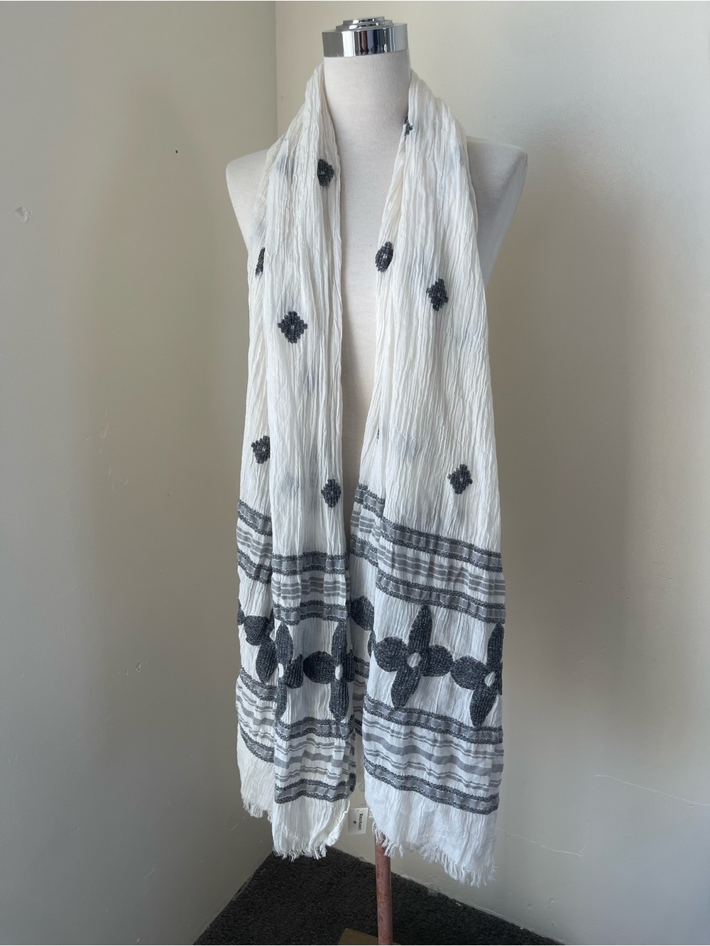 Cost Plus World Market White Throw Scarf with Black Embroidered Motifs